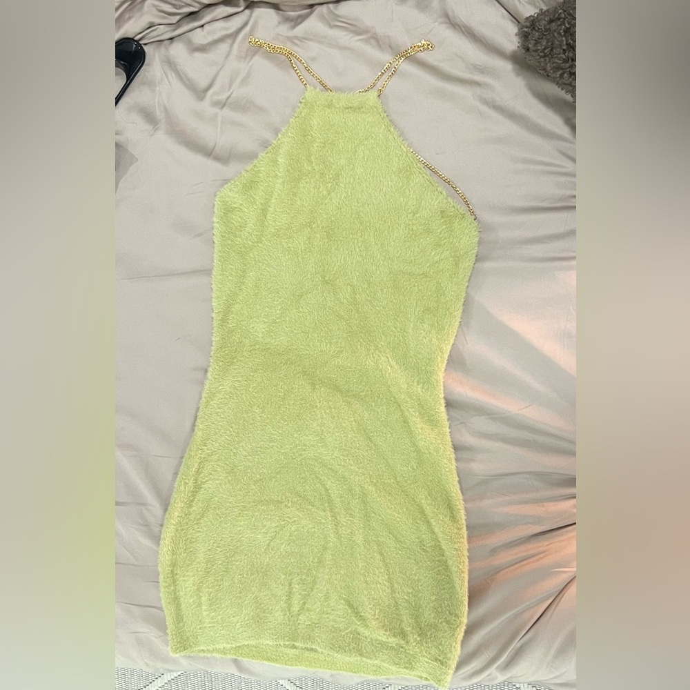 Green fuzzy mini dress with gold chain straps